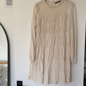 Vero Moda Cream Long Sleeve Smocked Tiered Mini Dress